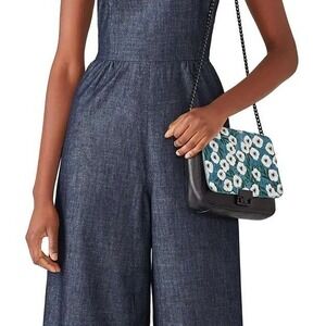 Loeffler Randall Black Leather Floral Embroidered Chain Shoulder Bag Gunmetal